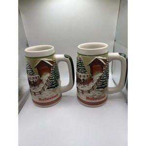 Vintage (2) 1984 Budweiser Beer Steins Holiday Clydesdales As They Crossed Cover